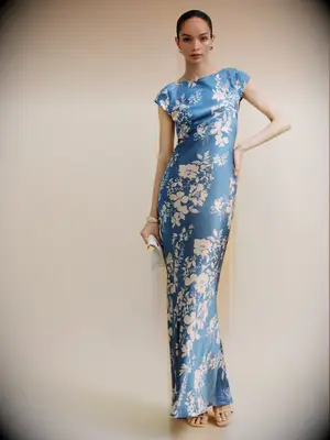 Short sleeve blue floral Reformation gown for black-tie wedding