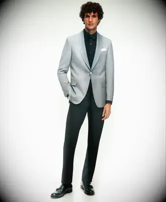 Brooks Brothers blue silk dinner jacket for black-tie wedding guest outfit