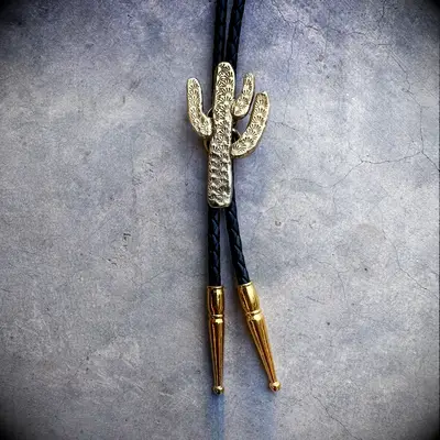 Gold cactus black leather bolo tie for wedding 