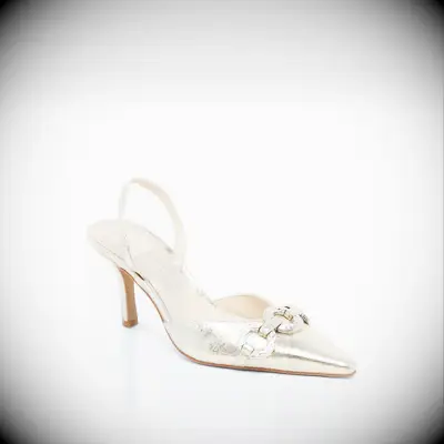 Gold sling back high heel shoe