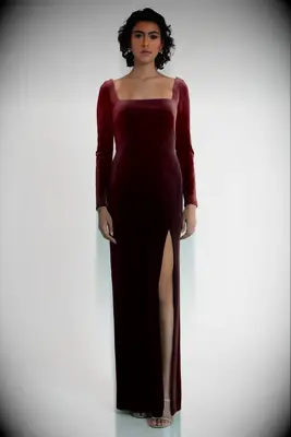 Red square neck long sleeve dress with leg slit