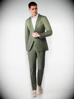 Indochino olive suit for barn wedding guests