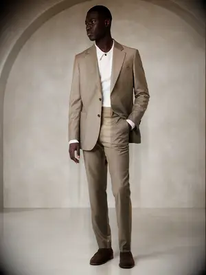 Banana Republic brown suit for barn wedding guests