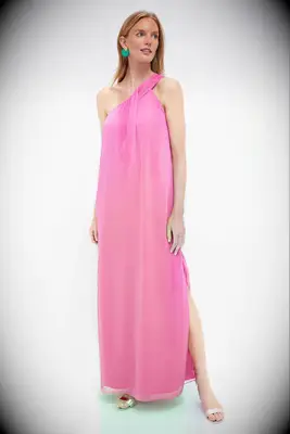 Pomander Place hot pink one-shoulder maternity wedding guest gown