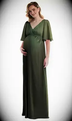 Dessy Group green flutter sleeve maternity wedding guest dress