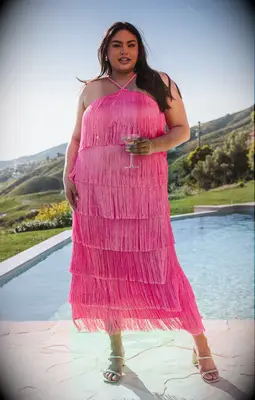 Show Me Your Mumu pink fringe maternity wedding guest dress