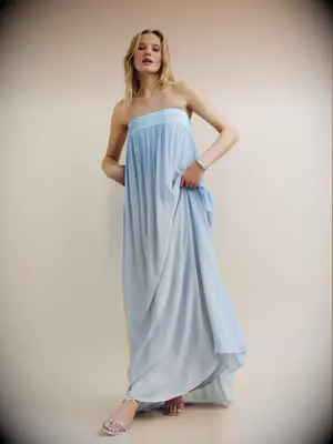 Reformation blue strapless maternity wedding guest dress