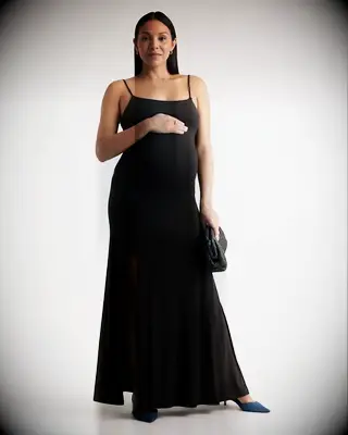 Quince black recycled knit maternity wedding guest dress