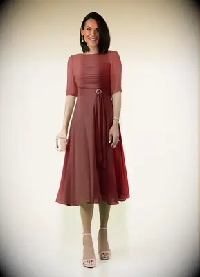 Terracotta mother of the bride midi dress for outdoor wedding from Azazie 