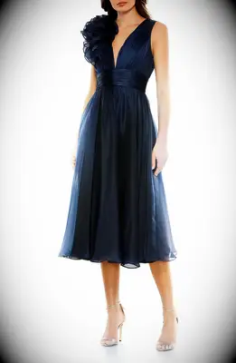 Mac Duggal navy chiffon tea-length cocktail mother of the bride dress for outdoor wedding from Nordstrom