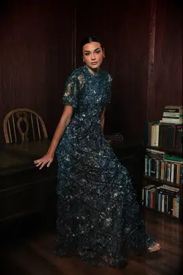 Flutter sleeve blue floral mother of the bride outdoor wedding dress from Mac Duggal