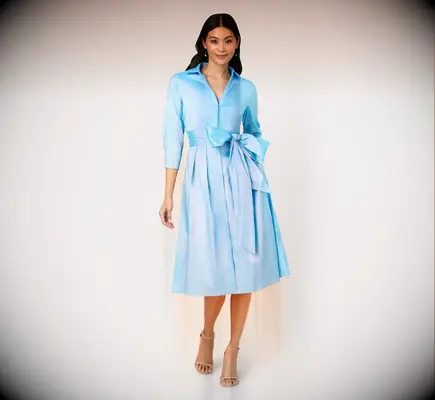 Blue midi shirt mother of the bride dress from Adrianna Papell for outdoor wedding