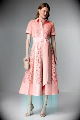 Badgely Mischka orange lace shirt mother of the bride dress from Rent the Runway