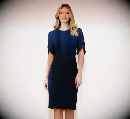 Navy blue pearl trimmed midi dress from Adrianna Papell for outdoor wedding