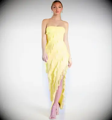 Windsor yellow formal strapless daytime wedding guest dress