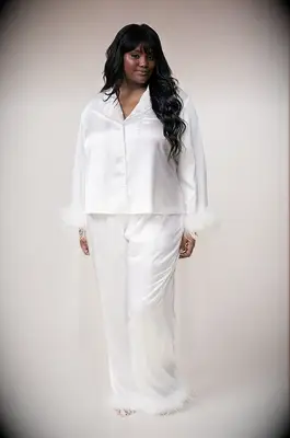 Revelry satin and feathered pajamas for bride