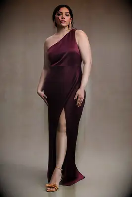 BHLDN dark berry one-shoulder bridesmaid dress