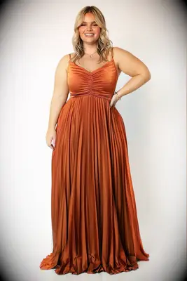 Petal + Pup orange pleated fall bridesmaid dress