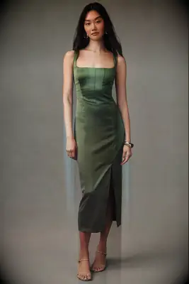 BHLDN corset satin olive fall bridesmaid dress