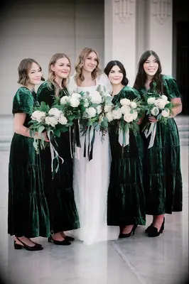 Emerald green velvet bridesmaid dresses