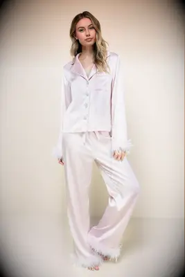 Long pink silk pajamas with feather details