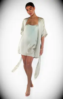 Green silk slip dress with short robe