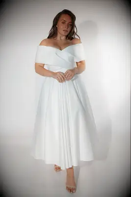 Olivia Bottega off-shoulder tea length wedding dress