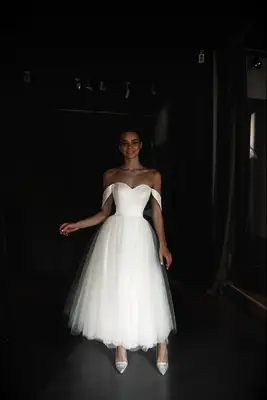 Olivia Bottega off-shoulder tea length wedding dress