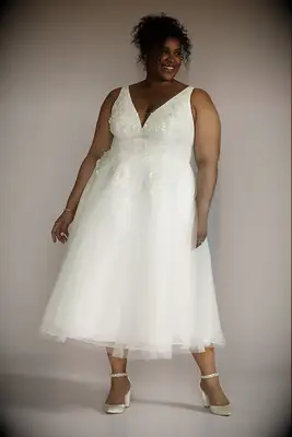 DB Studio tea-length plunging neckline wedding dress