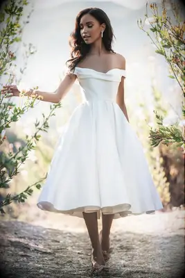 Allure Bridals off the shoulder tea length wedding dress