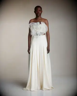 Danielle Frankel floral detail nontraditional wedding pants and bustier top