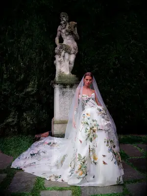Monique Lhuillier floral nontraditional wedding gown 
