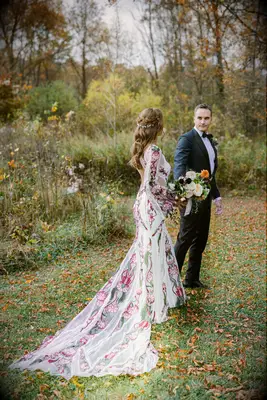 Long-sleeve floral embroidered nontraditional wedding gown