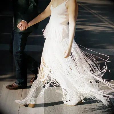 Spaghetti strap fringe wedding gown