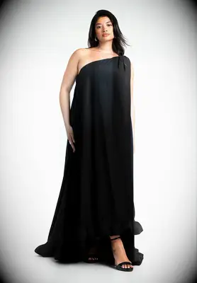 ELOQUII ruffled black formal wedding guest dress