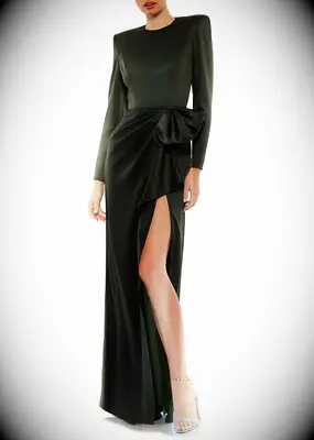 Mac Duggal olive formal wedding guest dress