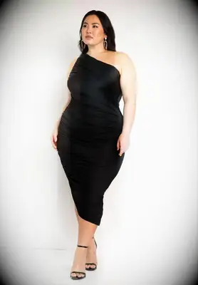 Eloquii black one-shoulder tea-length mother-of-the-bride dress