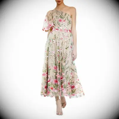 Mac Duggal floral one-shoulder tea-length mother-of-the-bride dress