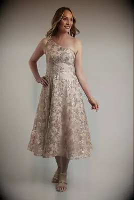 Oleg Cassini tea-length one-shoulder mother-of-the-bride dress