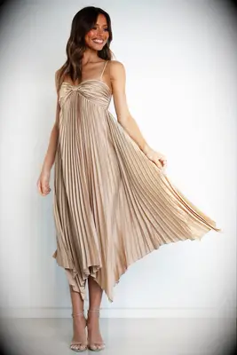 Petal + Pup gold tea-length mother-of-the-bride dress