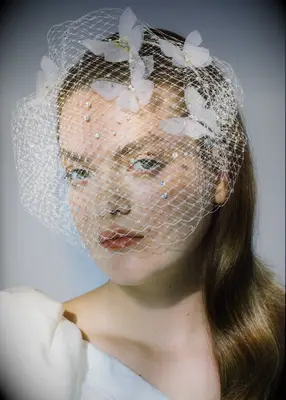 Model wears a stunning birdcage veil with butterfly embellishments. 