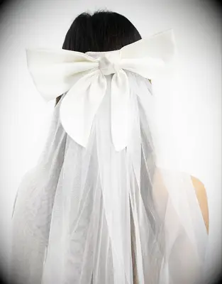 Model wears a sheer veil with a large bow attached to it. 