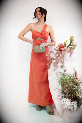 Orange floor-length dress with cut outs