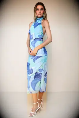Blue high halter neck midi dress with abstract print