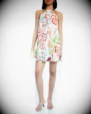 Abstract floral short halter neck dress