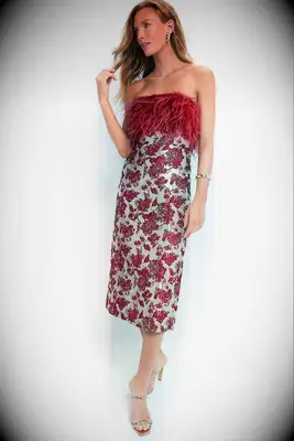 Red floral strapless dress with feather detail