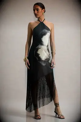Black silk halter neck dress with fringe detail
