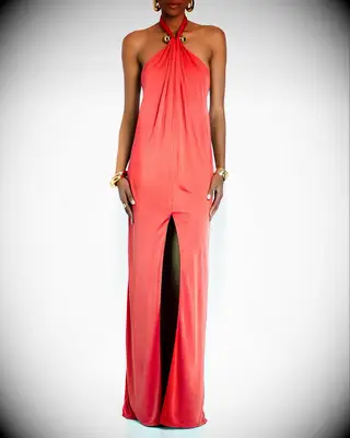 Orange halter neck dress with slit