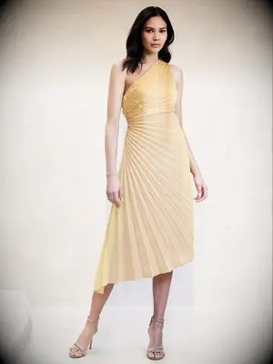 Banana Republic yellow petite wedding guest pleated cocktail dress