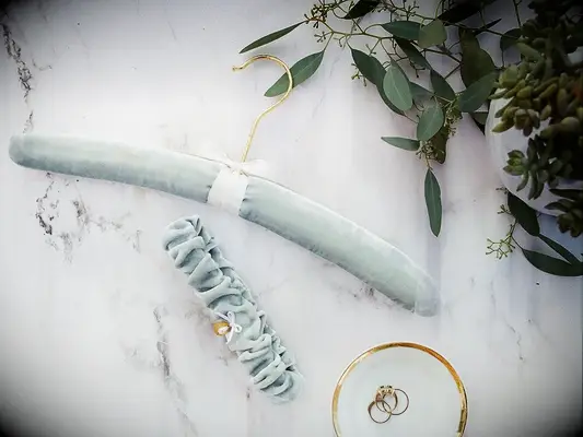 Mint green velvet base with gold wire hanger